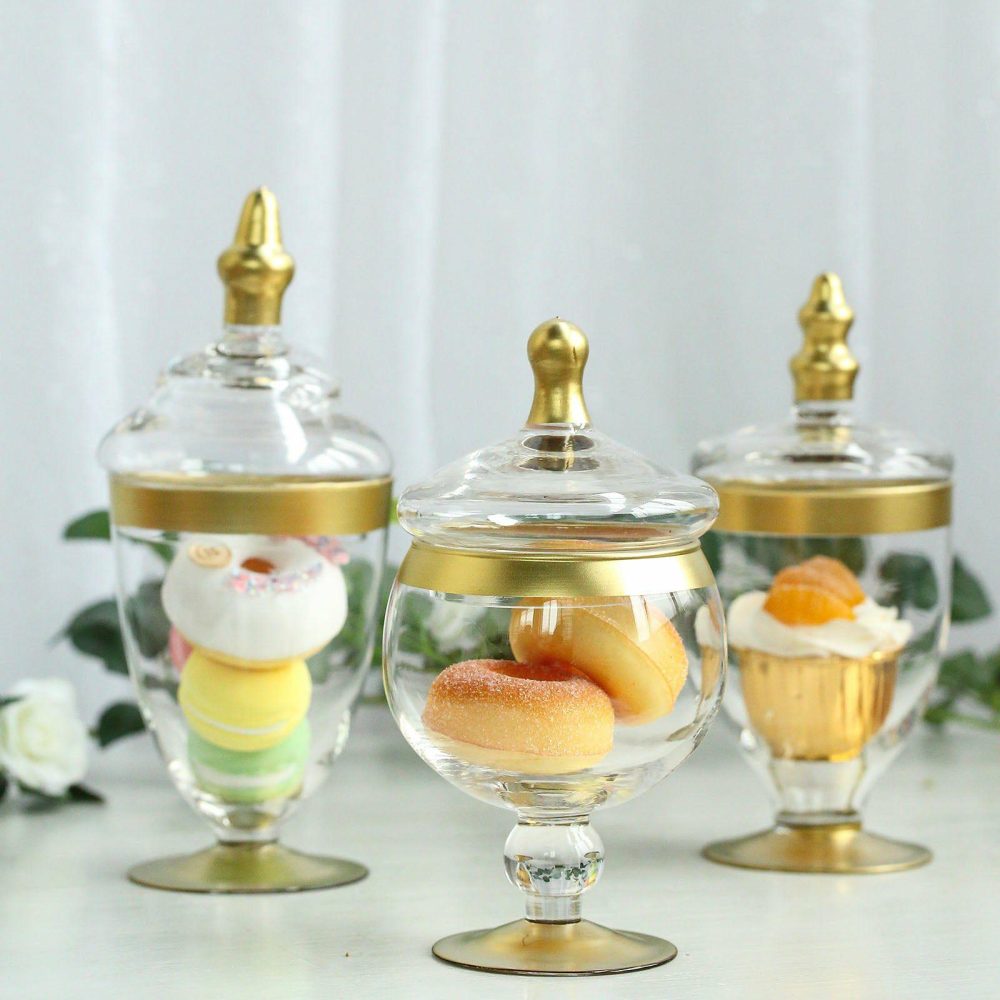 Set of 3 Gold Trim Clear Glass Apothecary Party Favor Candy Jars With Snap On Lids 9″/9″/8″  |   Mini Trays & Jars Mini Dishes & Bowls Gold Trimmed