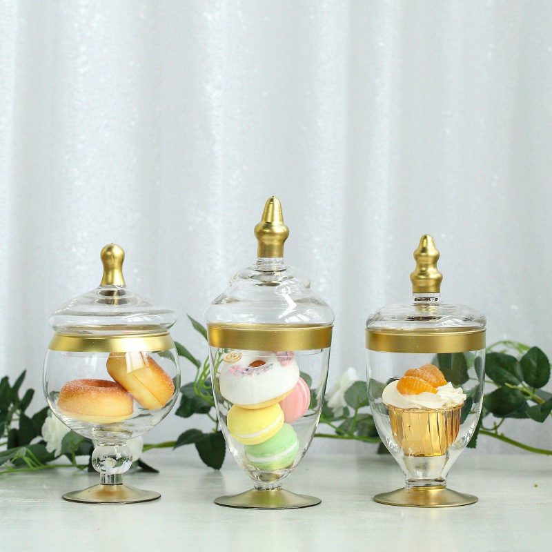 Set of 3 Gold Trim Clear Glass Apothecary Party Favor Candy Jars With Snap On Lids 9″/9″/8″  |   Mini Trays & Jars Mini Dishes & Bowls Gold Trimmed