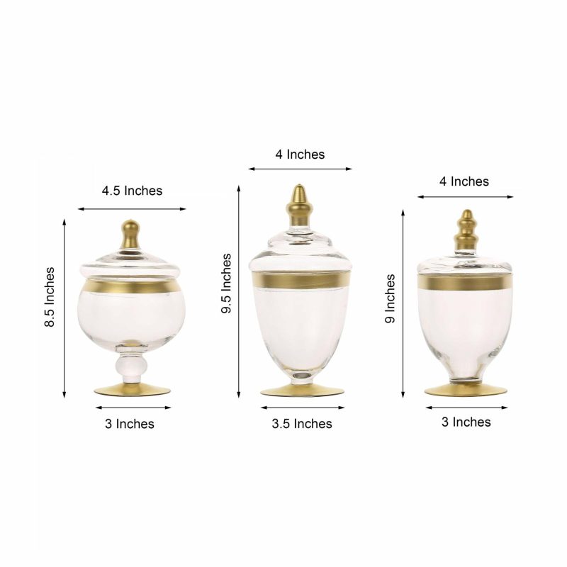 Set of 3 Gold Trim Clear Glass Apothecary Party Favor Candy Jars With Snap On Lids 9″/9″/8″  |   Mini Trays & Jars Mini Dishes & Bowls Gold Trimmed