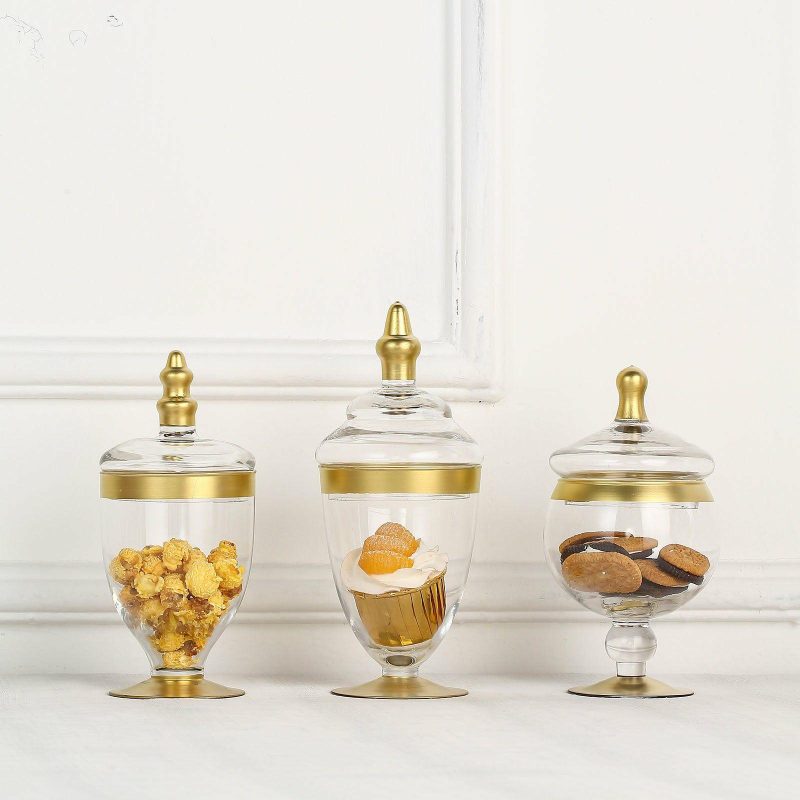 Set of 3 Gold Trim Clear Glass Apothecary Party Favor Candy Jars With Snap On Lids 9″/9″/8″  |   Mini Trays & Jars Mini Dishes & Bowls Gold Trimmed