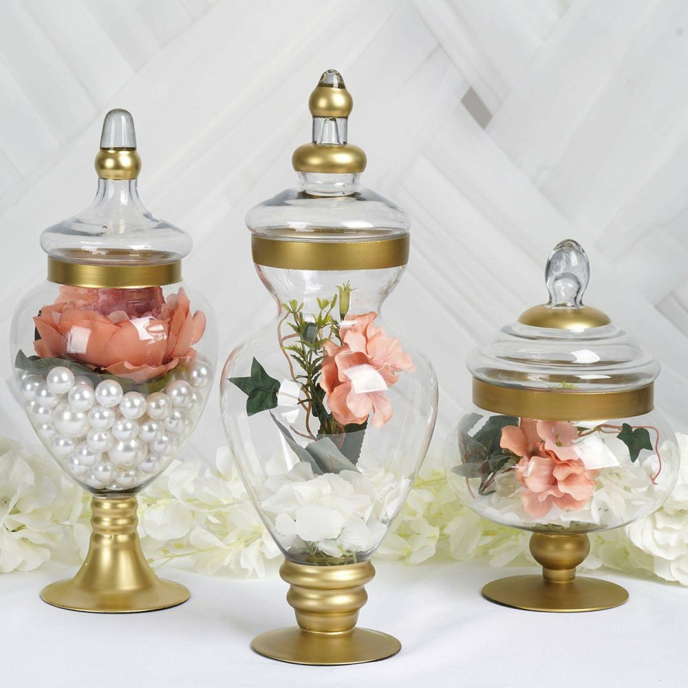 Set of 3 Large Gold Trim Glass Apothecary Party Favor Candy Jars With Snap On Lids 10″/14″/16″  |   Mini Trays & Jars Mini Dishes & Bowls Gold Trimmed