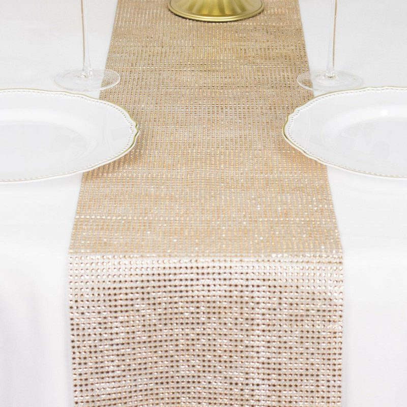 Shiny Champagne Crystal Rhinestone Table Runner, Diamond Mesh Ribbon Bling Roll 10″x108″  |   Stylish Stylish Champagne