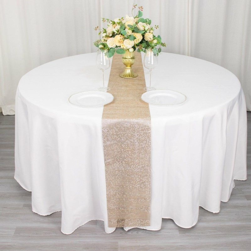 Shiny Champagne Crystal Rhinestone Table Runner, Diamond Mesh Ribbon Bling Roll 10″x108″  |   Stylish Stylish Champagne