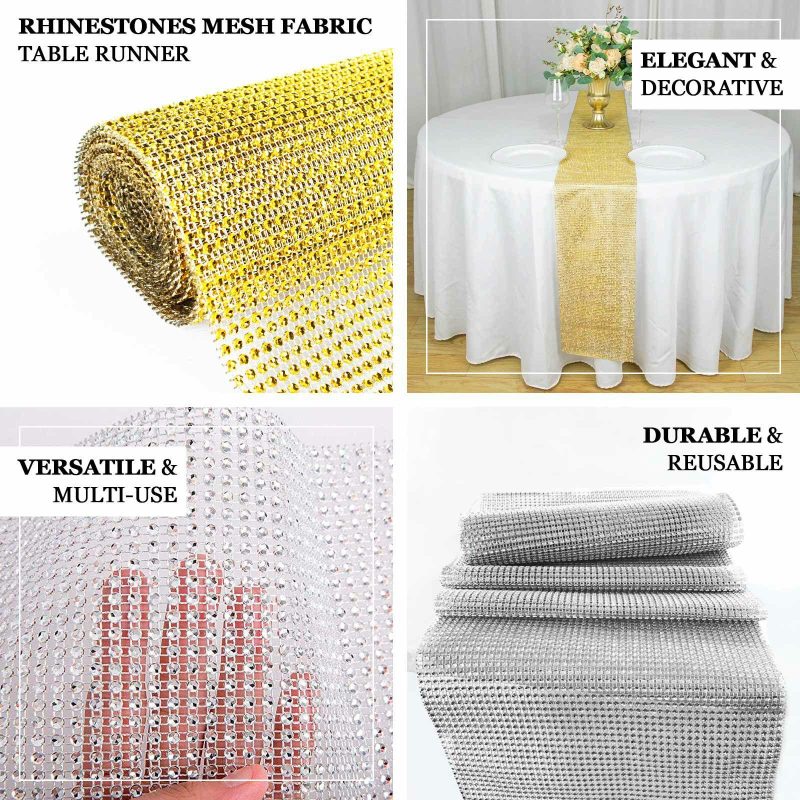 Shiny Champagne Crystal Rhinestone Table Runner, Diamond Mesh Ribbon Bling Roll 10″x108″  |   Stylish Stylish Champagne