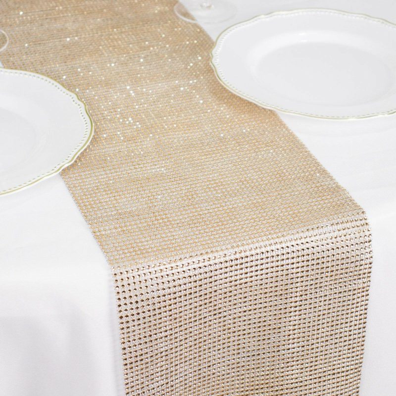 Shiny Champagne Crystal Rhinestone Table Runner, Diamond Mesh Ribbon Bling Roll 10″x108″  |   Stylish Stylish Champagne