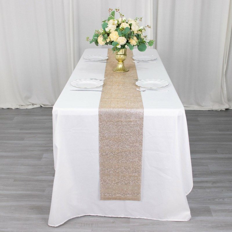 Shiny Champagne Crystal Rhinestone Table Runner, Diamond Mesh Ribbon Bling Roll 10″x108″  |   Stylish Stylish Champagne