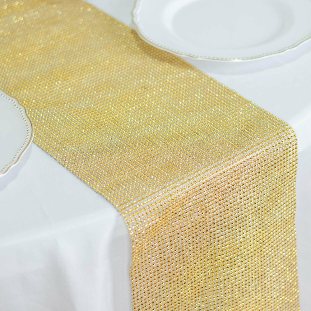 Shiny Gold Crystal Rhinestone Table Runner, Diamond Mesh Ribbon Bling Roll 10″x108″  |   Stylish Stylish Gold