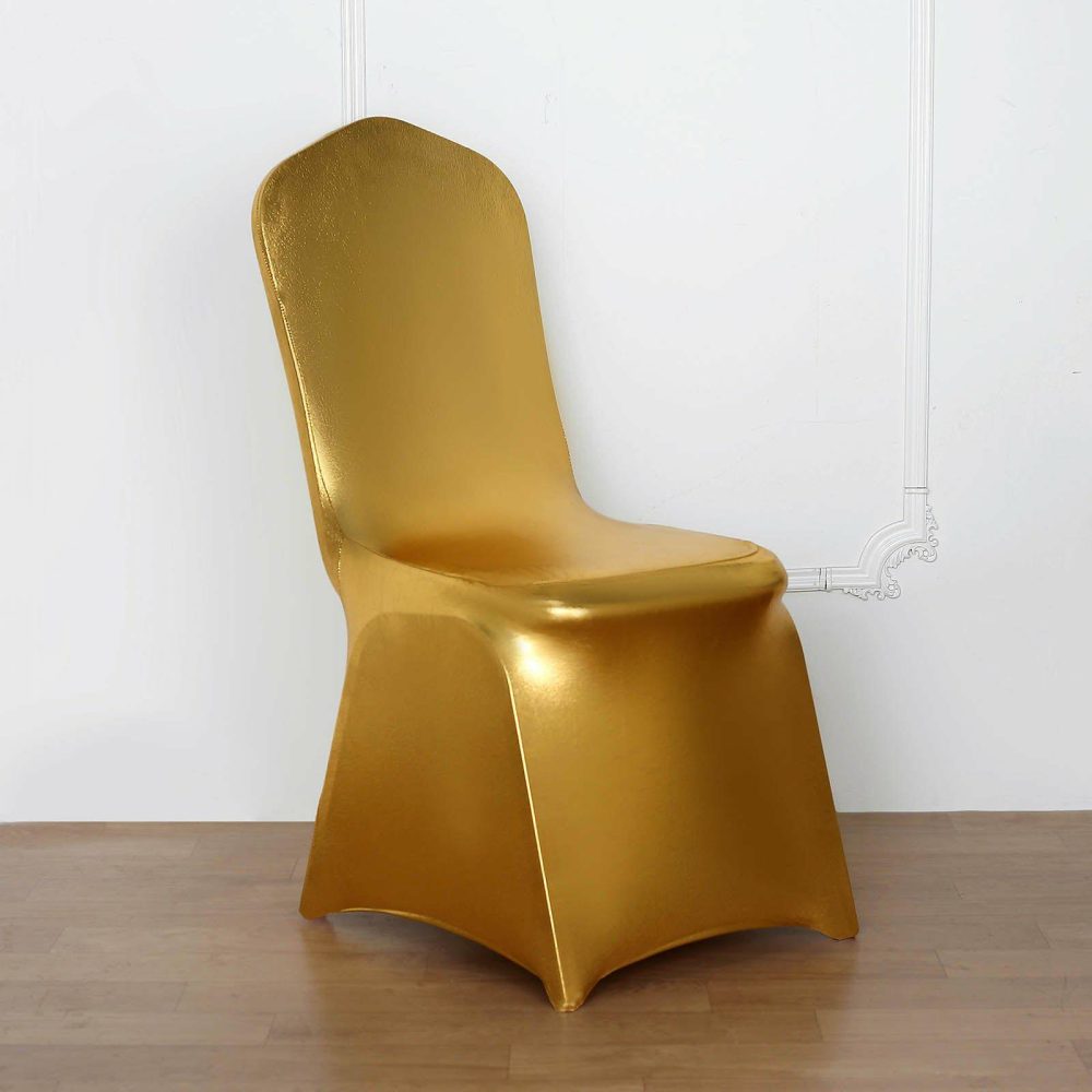 Shiny Metallic Gold Spandex Banquet Chair Cover, Glittering Premium Fitted Chair Cover  |   Spandex Fitted Banquet Chair Covers Gold