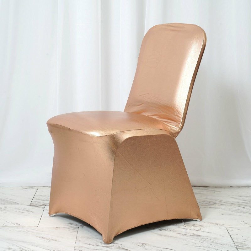 Shiny Metallic Rose Gold Spandex Banquet Chair Cover, Glittering Premium Fitted Chair Cover  |   Spandex Fitted Banquet Chair Covers Rose gold