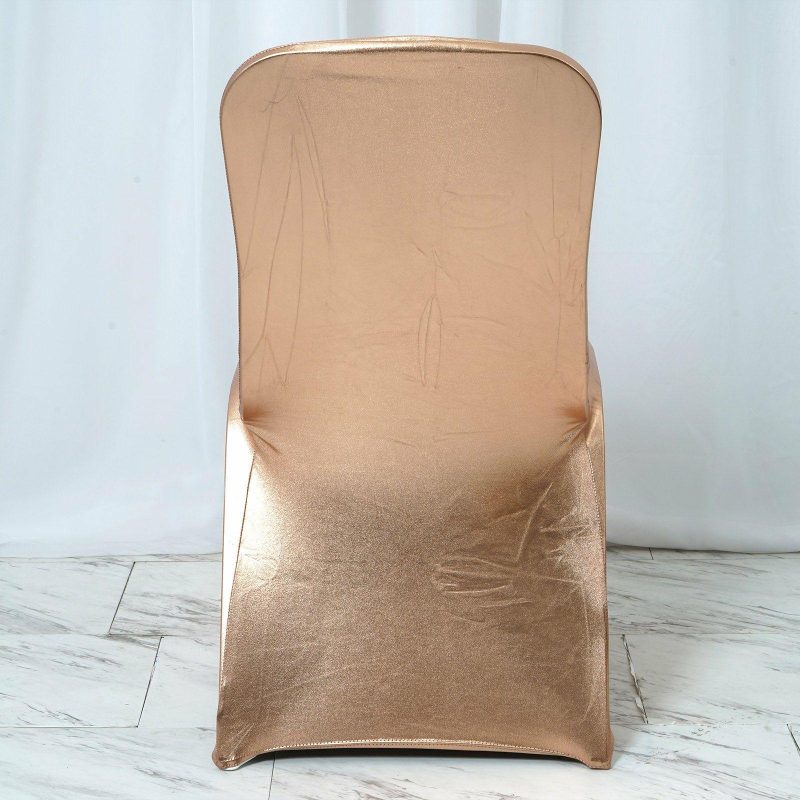 Shiny Metallic Rose Gold Spandex Banquet Chair Cover, Glittering Premium Fitted Chair Cover  |   Spandex Fitted Banquet Chair Covers Rose gold