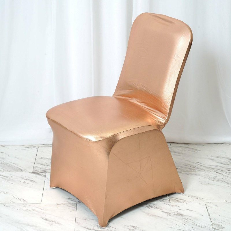 Shiny Metallic Rose Gold Spandex Banquet Chair Cover, Glittering Premium Fitted Chair Cover  |   Spandex Fitted Banquet Chair Covers Rose gold