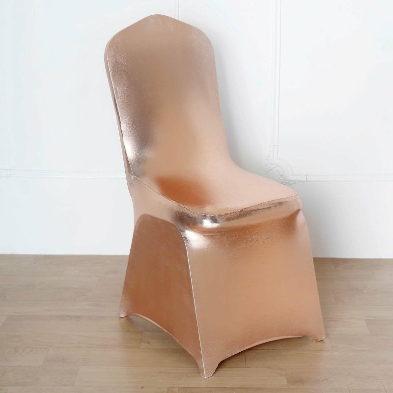 Shiny Metallic Rose Gold Spandex Banquet Chair Cover, Glittering Premium Fitted Chair Cover  |   Spandex Fitted Banquet Chair Covers Rose gold