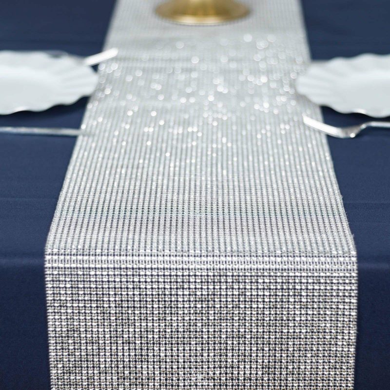 Shiny Silver Crystal Rhinestone Table Runner, Diamond Mesh Ribbon Bling Roll 10″x108″  |   Stylish Stylish Silver