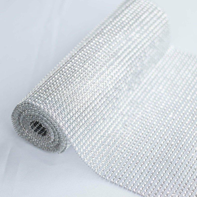 Shiny Silver Crystal Rhinestone Table Runner, Diamond Mesh Ribbon Bling Roll 10″x108″  |   Stylish Stylish Silver