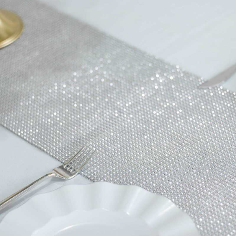 Shiny Silver Crystal Rhinestone Table Runner, Diamond Mesh Ribbon Bling Roll 10″x108″  |   Stylish Stylish Silver