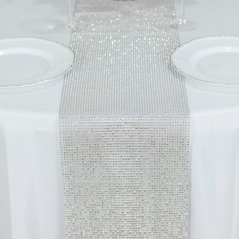 Shiny Silver Crystal Rhinestone Table Runner, Diamond Mesh Ribbon Bling Roll 10″x108″  |   Stylish Stylish Silver