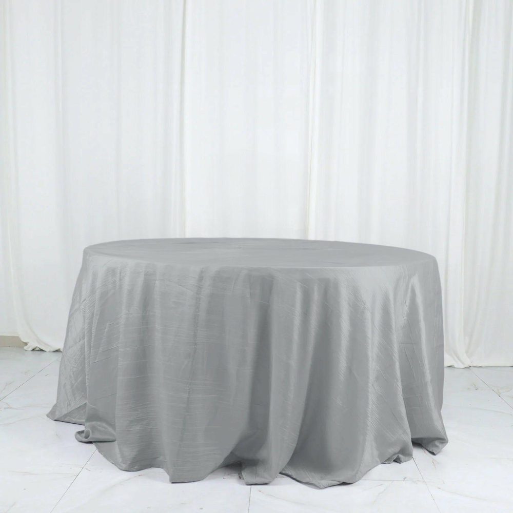 Silver Accordion Crinkle Taffeta Seamless Round Tablecloth 132″ for 6 Foot Table With Floor-Length Drop  |   Pintuck, Crinkle & Leaf Pintuck, Crinkle & Leaf Pintuck, Crinkle & Leaf