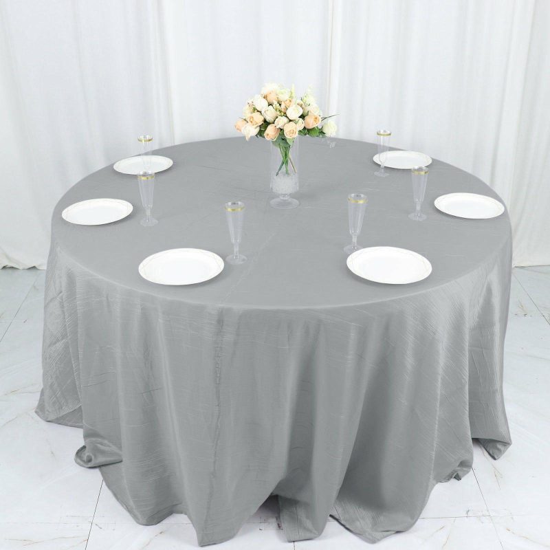 Silver Accordion Crinkle Taffeta Seamless Round Tablecloth 132″ for 6 Foot Table With Floor-Length Drop  |   Pintuck, Crinkle & Leaf Pintuck, Crinkle & Leaf Pintuck, Crinkle & Leaf