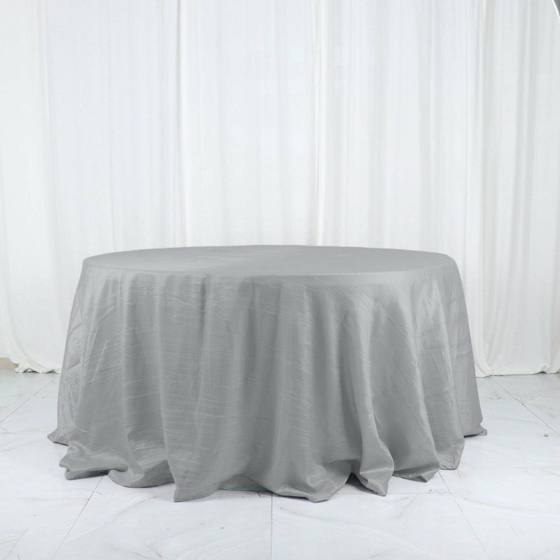 Silver Accordion Crinkle Taffeta Seamless Round Tablecloth 132″ for 6 Foot Table With Floor-Length Drop  |   Pintuck, Crinkle & Leaf Pintuck, Crinkle & Leaf Pintuck, Crinkle & Leaf