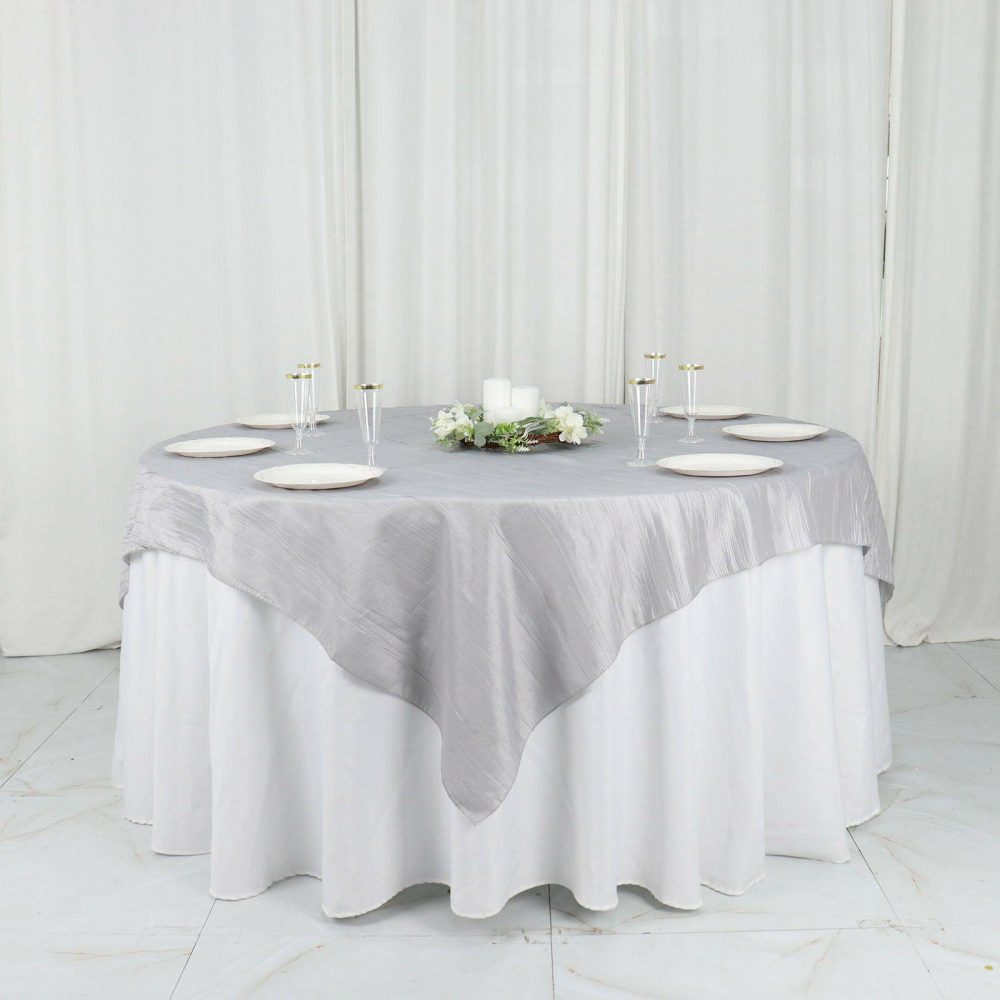 Silver Accordion Crinkle Taffeta Table Overlay, Square Tablecloth Topper 72″x72″  |   Satin & Taffeta Satin & Taffeta Satin & Taffeta