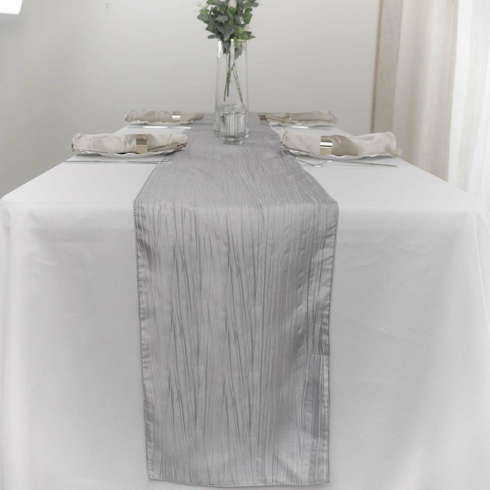 Silver Accordion Crinkle Taffeta Table Runner, Elegant Linen Runner 12″x108″  |   Satin & Taffeta Satin & Taffeta Satin & Taffeta