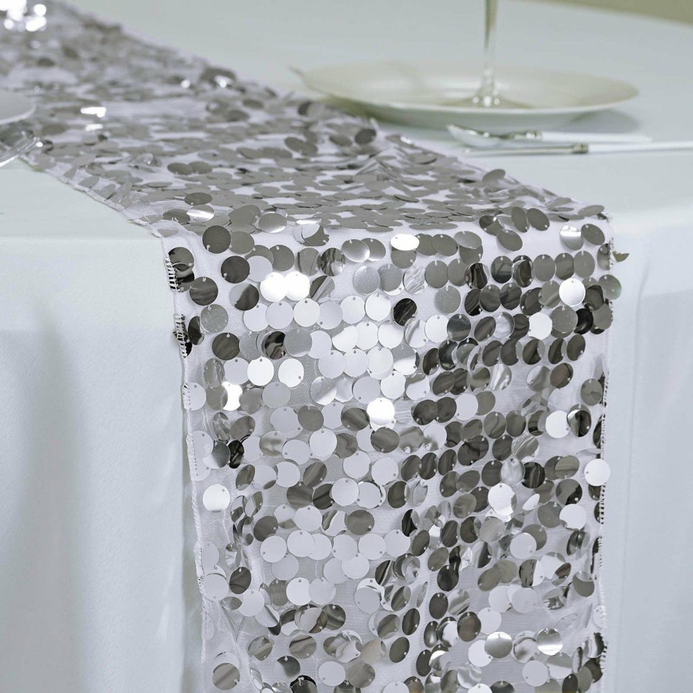 Silver Big Payette Sequin Table Runner 13″x108″  |   Sequin Sequin Sequin