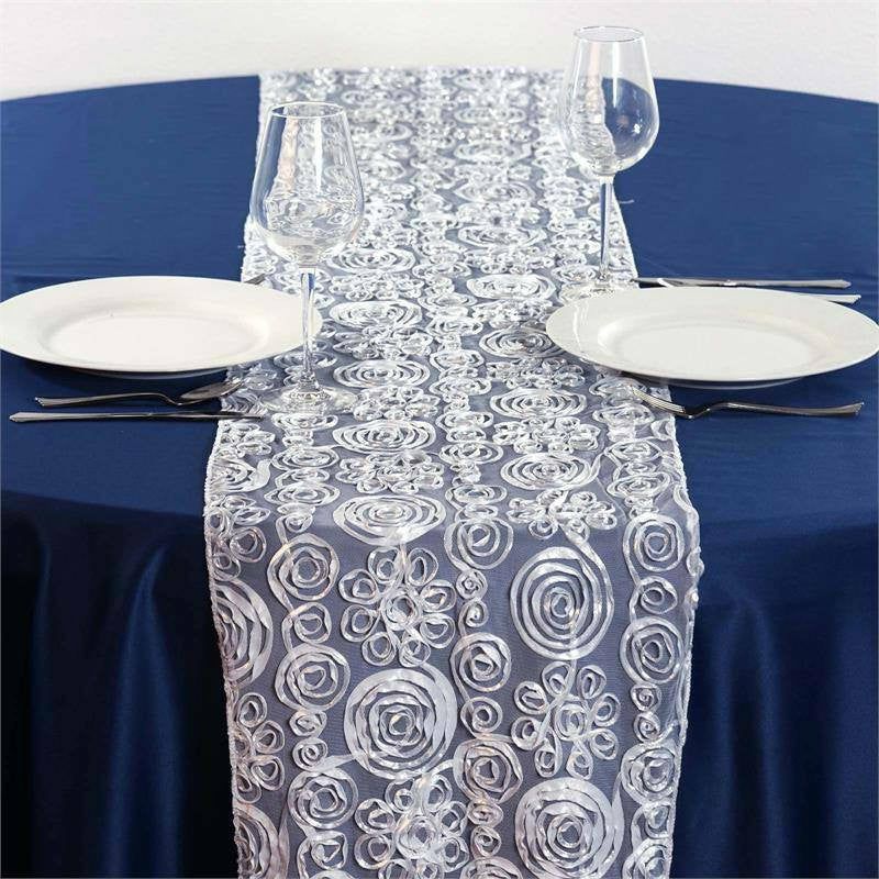 Silver Couture Tulle Satin Table Runner 12″x108″  |   Jute Burlap & Lace Table Runners Jute Burlap & Lace