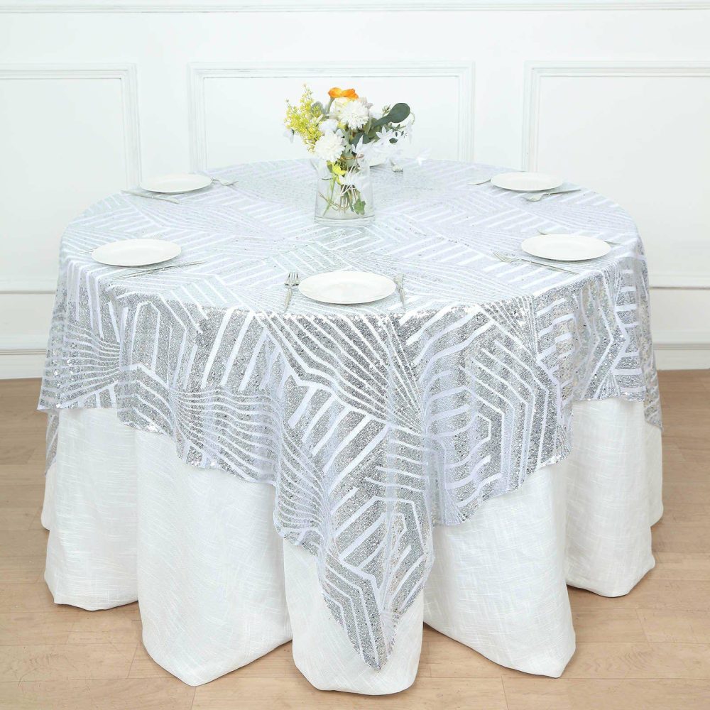 Silver Diamond Glitz Sequin Table Overlay Topper 72″ Square  |   Sequin Sequin Sequin