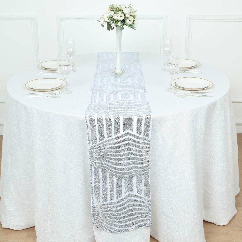 Silver Diamond Glitz Sequin Table Runner 12″x108″  |   Sequin Sequin Sequin