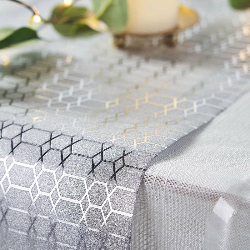 Silver Glamorous Honeycomb Print Table Runner, Disposable Paper Table Runner – Geometric Hexagon Design 9ft  |   Stylish Stylish Silver