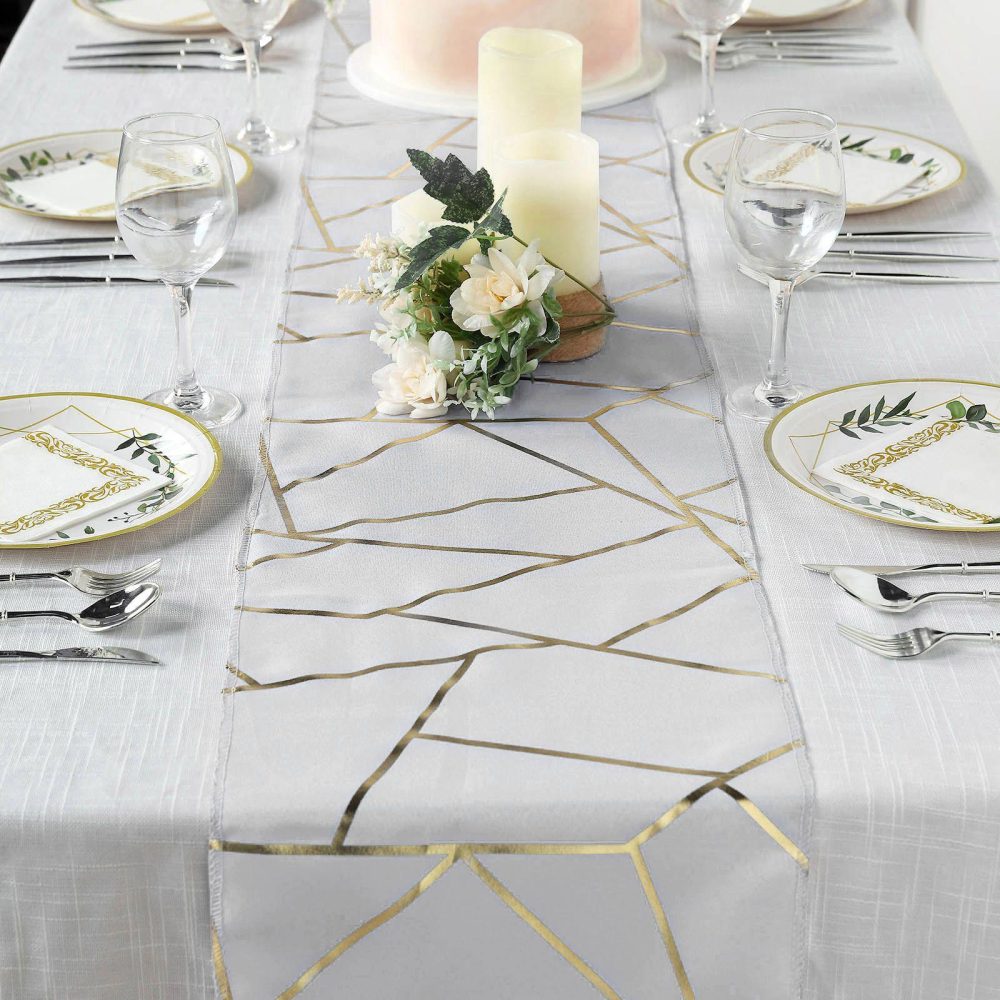 Silver / Gold Foil Geometric Pattern Polyester Table Runner 9ft  |   Polyester Table Runners Polyester