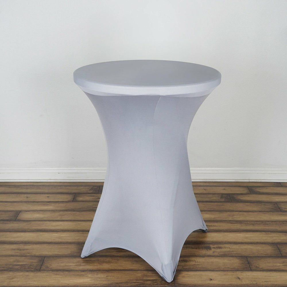 Silver Highboy Spandex Cocktail Table Cover, Fitted Stretch Tablecloth for 24″-32″ Dia High Top Tables  |   Spandex & Fitted Spandex & Fitted Silver