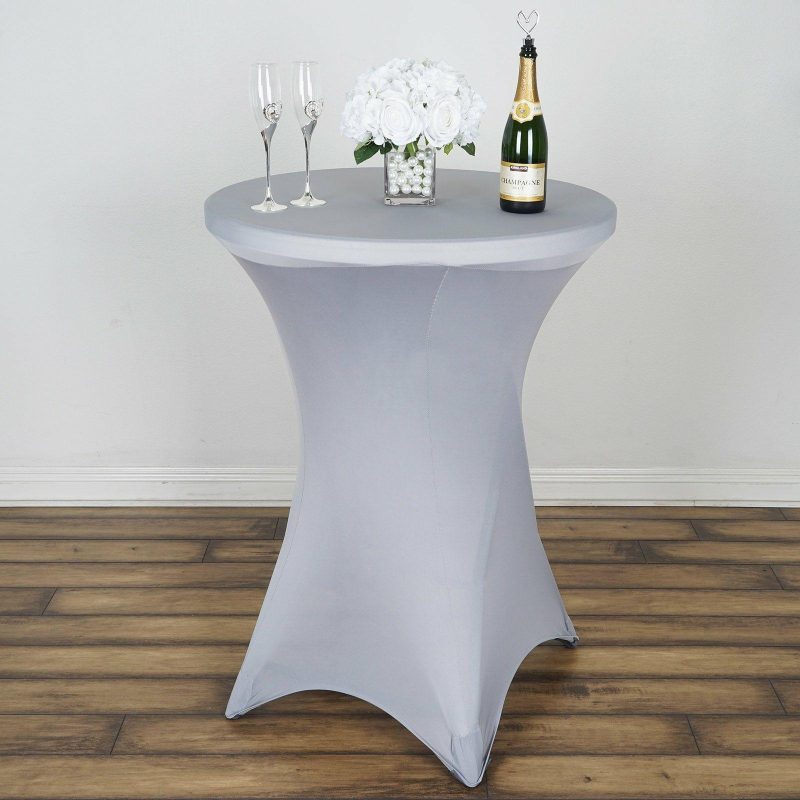 Silver Highboy Spandex Cocktail Table Cover, Fitted Stretch Tablecloth for 24″-32″ Dia High Top Tables  |   Spandex & Fitted Spandex & Fitted Silver