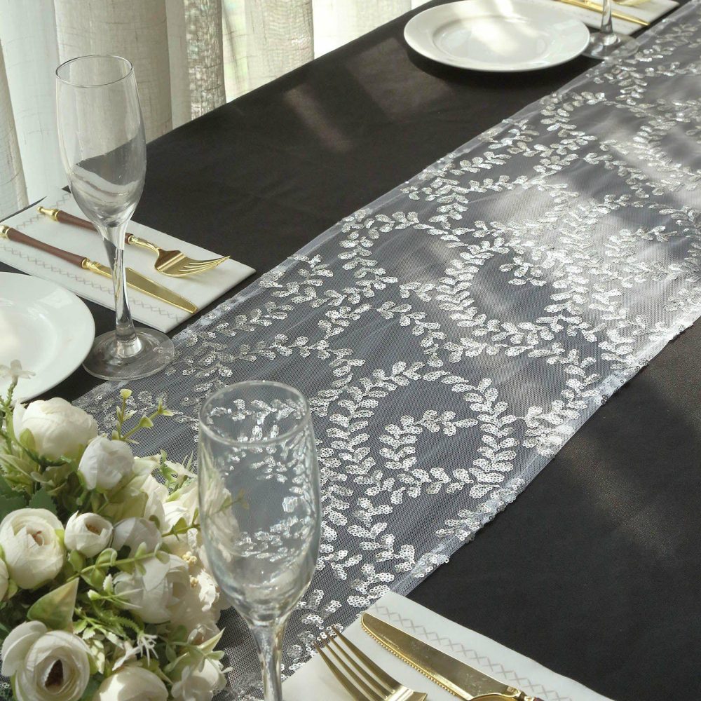 Silver Leaf Vine Embroidered Sequin Mesh Like Table Runner 12″x108″  |   Sequin Sequin Sequin