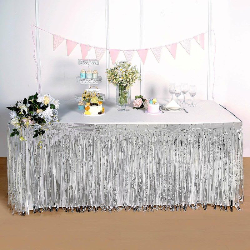 Silver Metallic Foil Fringe Table Skirt, Self Adhesive Tinsel Table Skirt 30″x9ft  |   Disposable Tablecloth Disposable Tablecloth Disposable Tablecloth