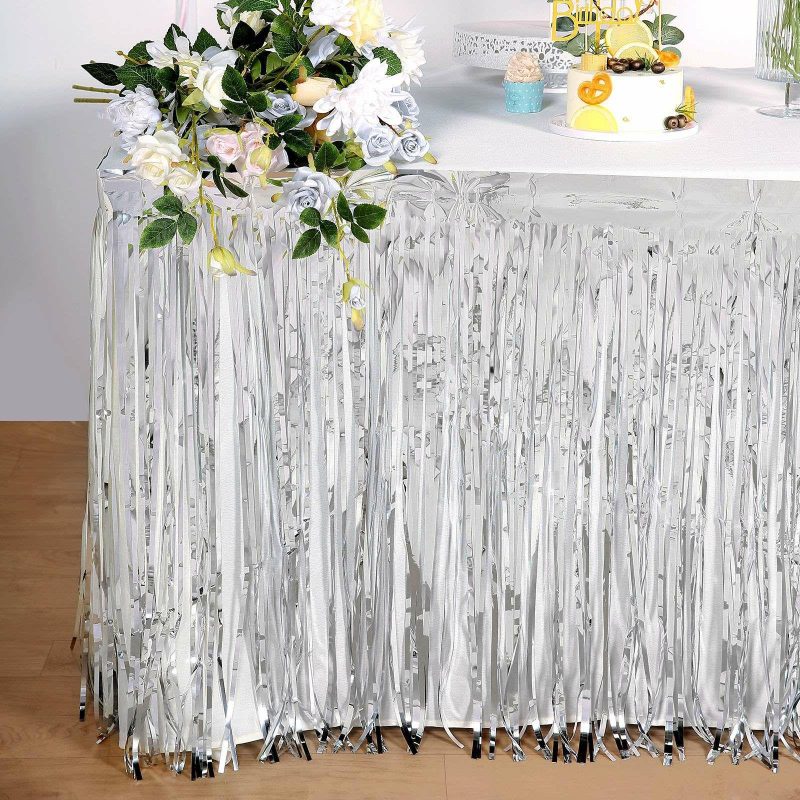 Silver Metallic Foil Fringe Table Skirt, Self Adhesive Tinsel Table Skirt 30″x9ft  |   Disposable Tablecloth Disposable Tablecloth Disposable Tablecloth