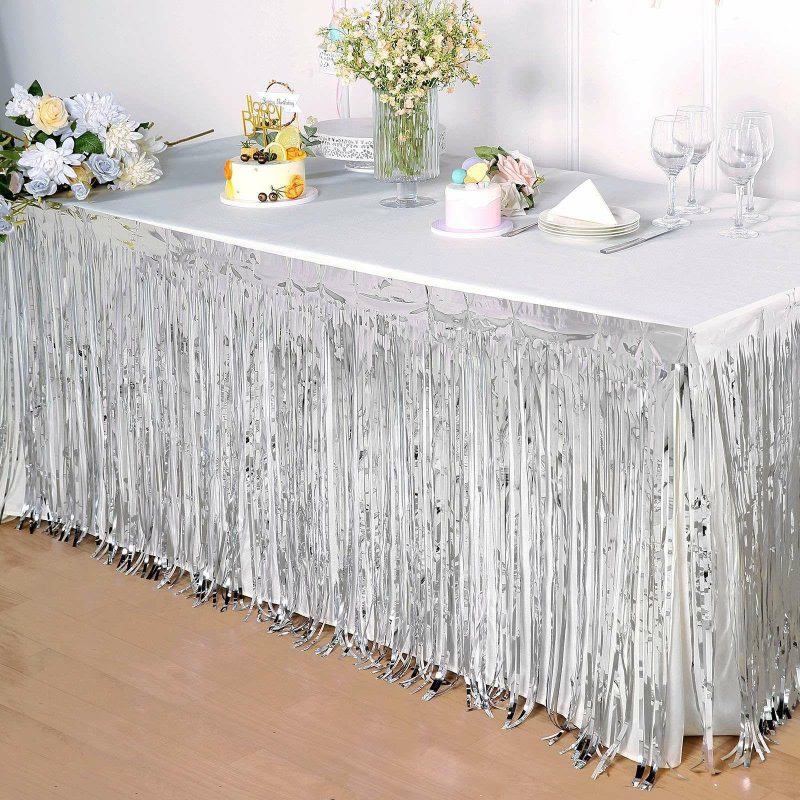 Silver Metallic Foil Fringe Table Skirt, Self Adhesive Tinsel Table Skirt 30″x9ft  |   Disposable Tablecloth Disposable Tablecloth Disposable Tablecloth