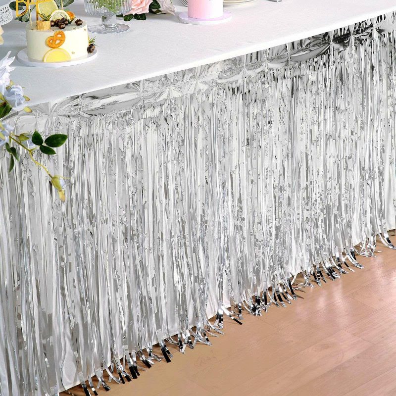 Silver Metallic Foil Fringe Table Skirt, Self Adhesive Tinsel Table Skirt 30″x9ft  |   Disposable Tablecloth Disposable Tablecloth Disposable Tablecloth