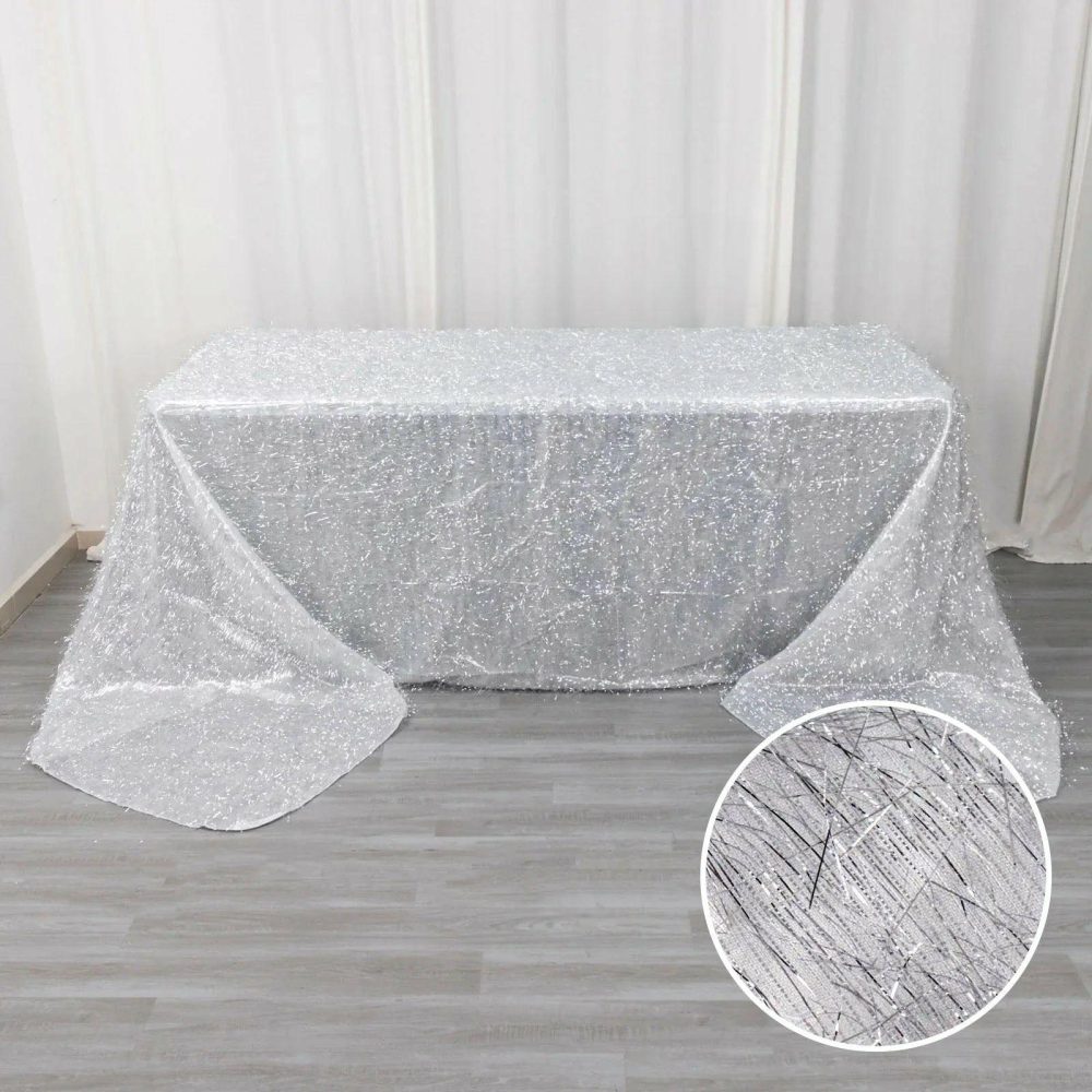 Silver Metallic Fringe Shag Tinsel Rectangle Polyester Tablecloth 90″x156″  |   Sparkly Shimmer Sparkly Shimmer Silver