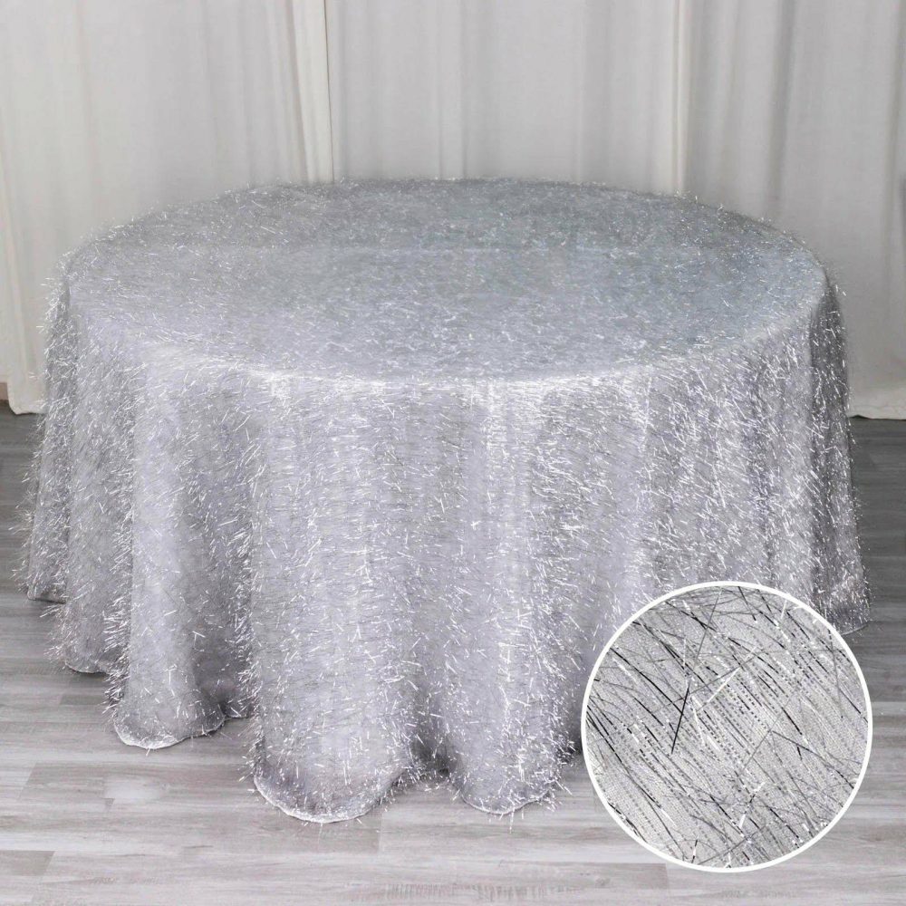 Silver Metallic Fringe Shag Tinsel Round Polyester Tablecloth 120″ for 5 Foot Table With Floor-Length Drop  |   Sparkly Shimmer Sparkly Shimmer Silver