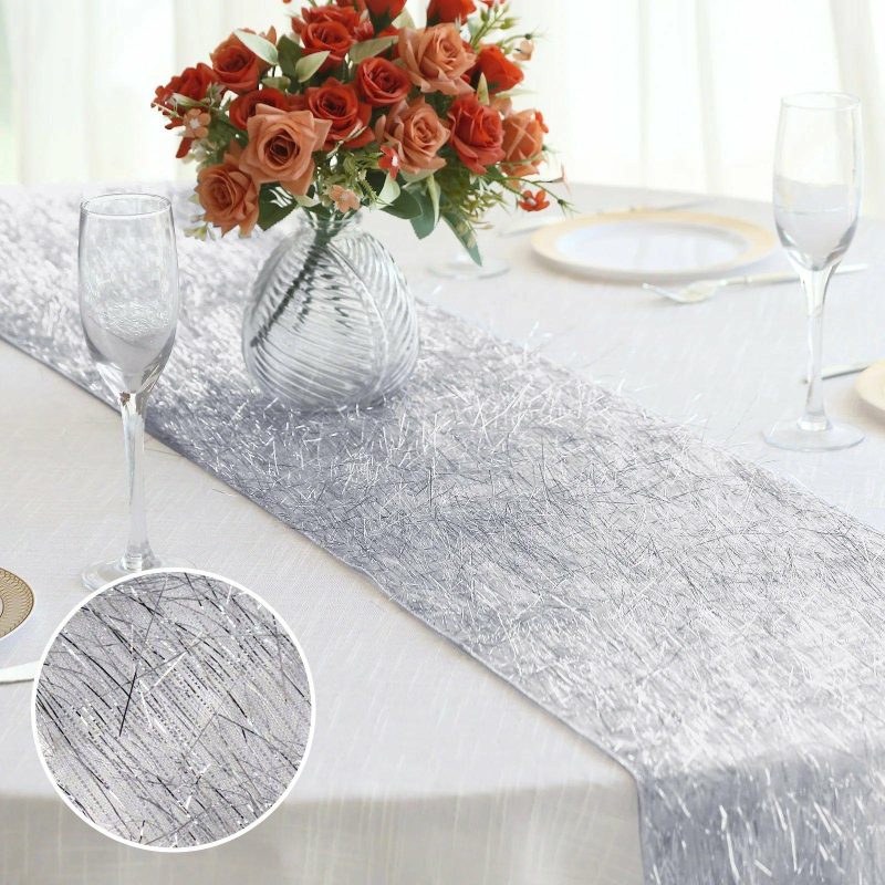 Silver Metallic Fringe Shag Tinsel Table Runner, Shimmery Polyester Table Runner 12″x108″  |   Stylish Stylish Silver