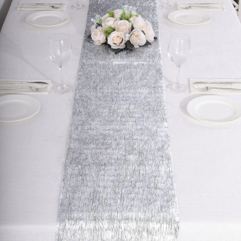 Silver Metallic Fringe Shag Tinsel Table Runner, Shimmery Polyester Table Runner 12″x108″  |   Stylish Stylish Silver