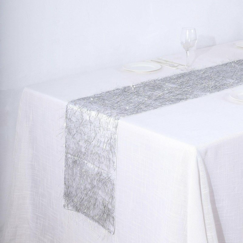 Silver Metallic Fringe Shag Tinsel Table Runner, Shimmery Polyester Table Runner 12″x108″  |   Stylish Stylish Silver