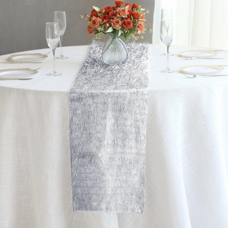 Silver Metallic Fringe Shag Tinsel Table Runner, Shimmery Polyester Table Runner 12″x108″  |   Stylish Stylish Silver