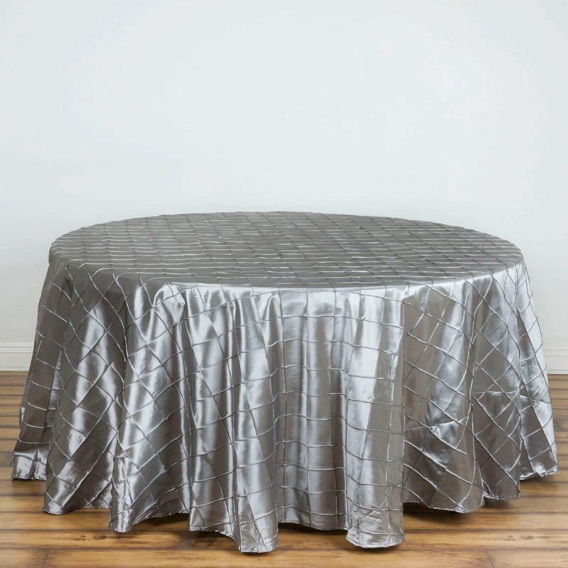 Silver Pintuck Round Seamless Tablecloth 120″ for 5 Foot Table With Floor-Length Drop  |   Pintuck, Crinkle & Leaf Pintuck, Crinkle & Leaf Pintuck, Crinkle & Leaf