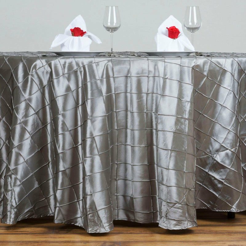 Silver Pintuck Round Seamless Tablecloth 120″ for 5 Foot Table With Floor-Length Drop  |   Pintuck, Crinkle & Leaf Pintuck, Crinkle & Leaf Pintuck, Crinkle & Leaf