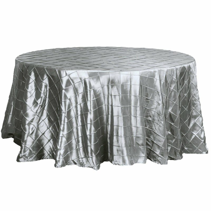 Silver Pintuck Round Seamless Tablecloth 120″ for 5 Foot Table With Floor-Length Drop  |   Pintuck, Crinkle & Leaf Pintuck, Crinkle & Leaf Pintuck, Crinkle & Leaf