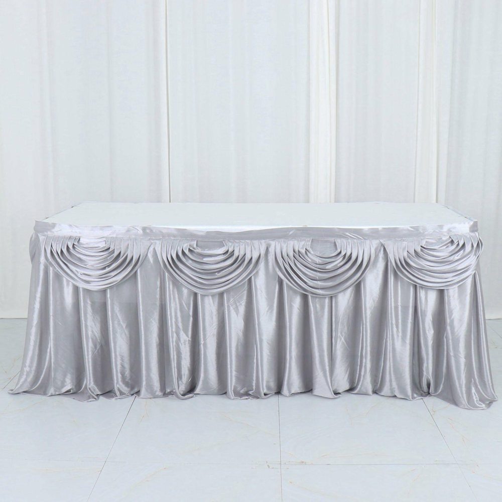 Silver Pleated Satin Double Drape Table Skirt 14ft  |   Satin Shimmer Satin Shimmer Satin Shimmer