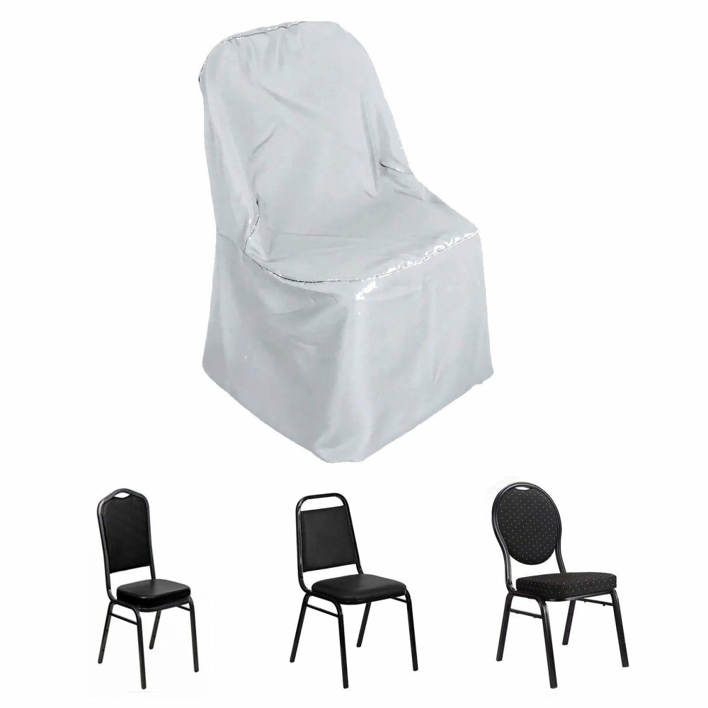 Silver Polyester Banquet Chair Cover, Reusable Stain Resistant Slip On Chair Cover  |   Polyester & Satin Banquet Chair Covers Polyester & Satin