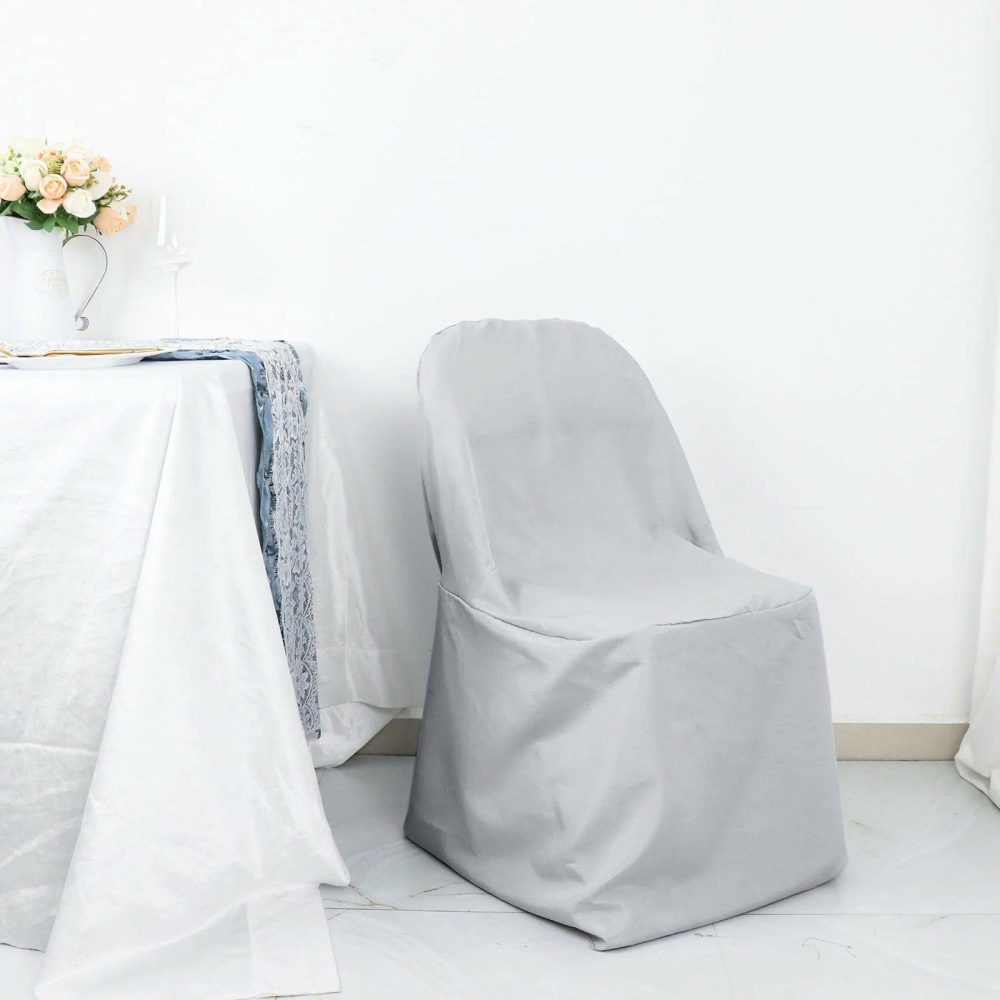 Silver Polyester Folding Chair Cover, Reusable Stain Resistant Slip On Chair Cover  |   Polyester & Satin Folding Chair Covers Polyester & Satin